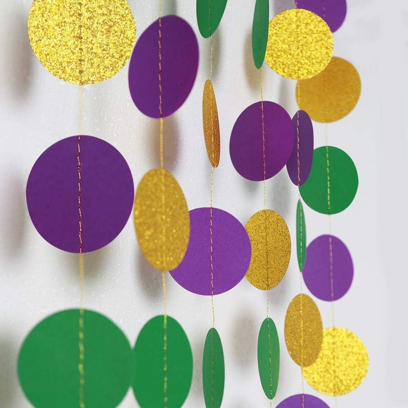 Decor365 Gold Purple Green Mardi Gras Decorations Glitter Dot Mardi Gras Garland Decor Circle Streamers Fat Tuesday Banner Carnival Themed Backdrop Wedding Baby Shower Birthday Party Supplies - Image 1